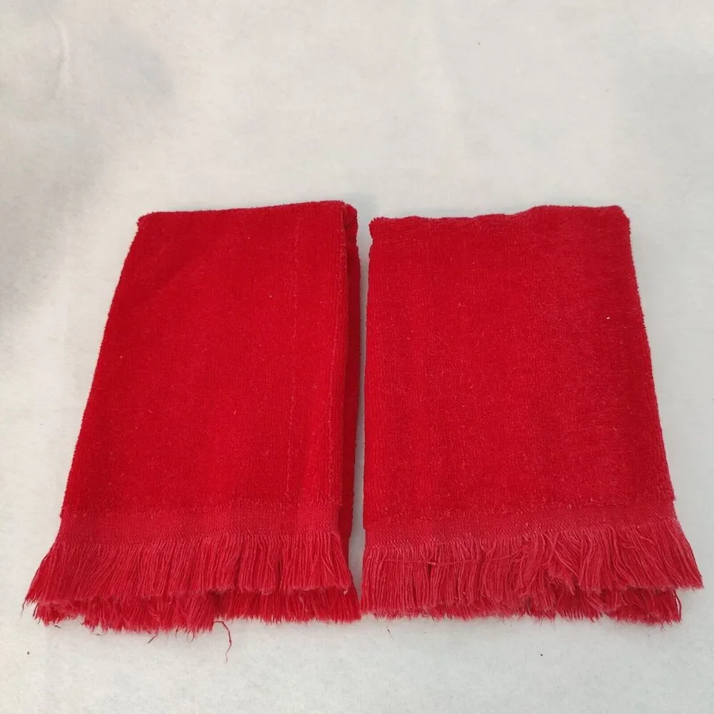 Cannon Red Christmas Tree Joy Embroider Fringe Hand Towels Set of 2 Pair Vintage